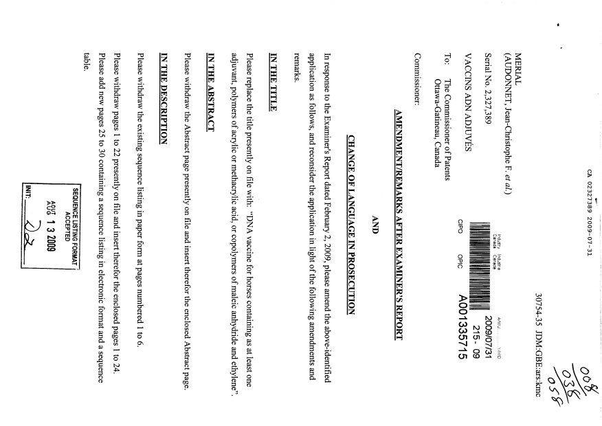 Canadian Patent Document 2327389. Prosecution-Amendment 20090731. Image 1 of 43