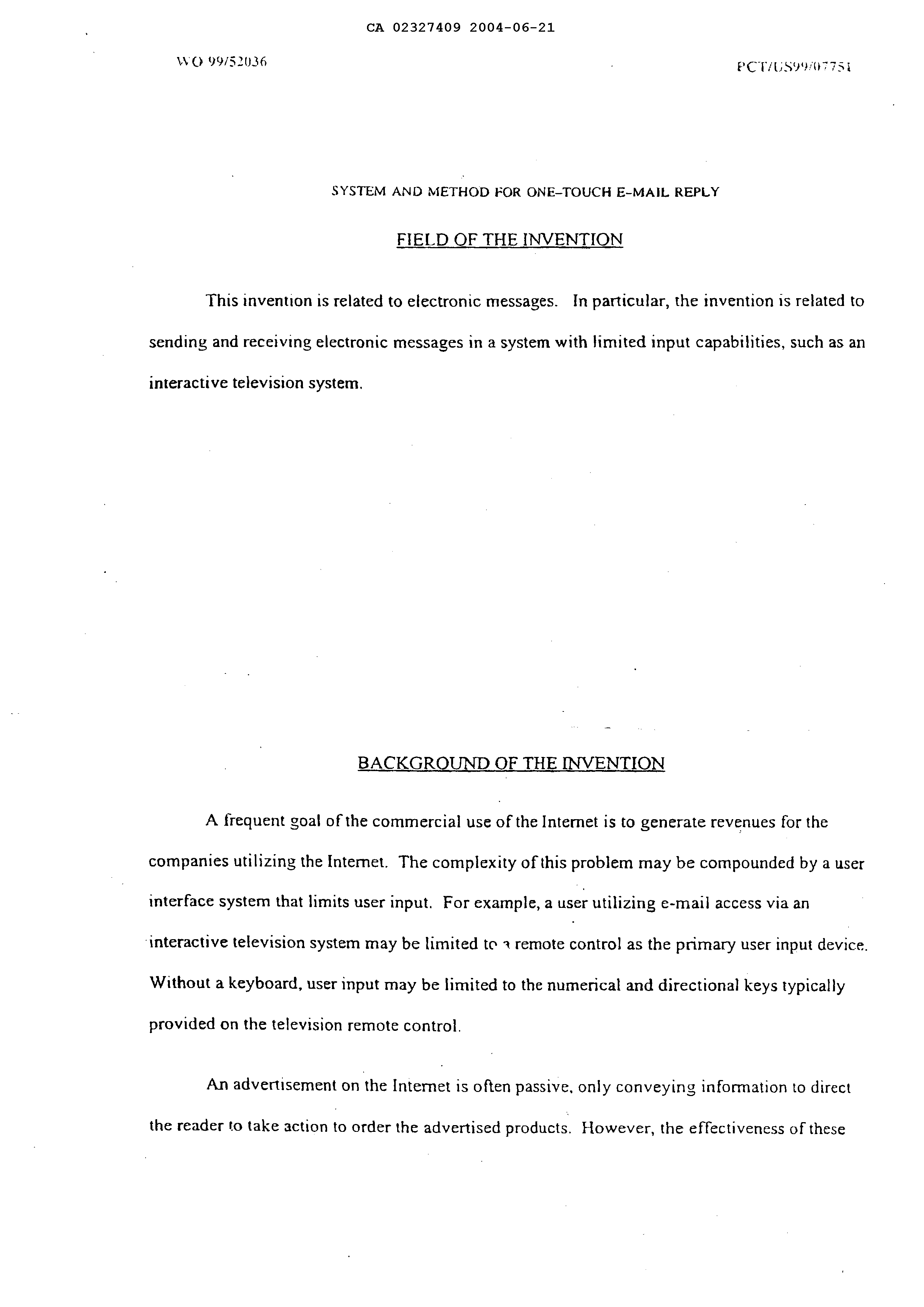 Document de brevet canadien 2327409. Description 20040621. Image 1 de 14