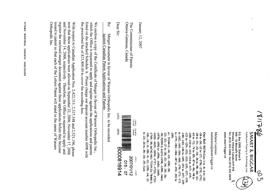 Document de brevet canadien 2327501. Cession 20070112. Image 1 de 24