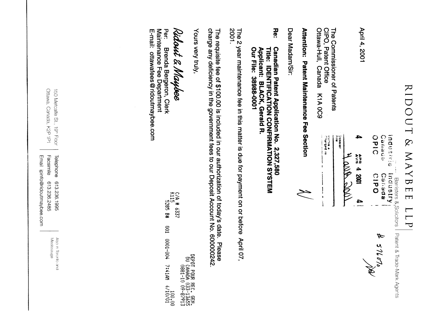 Document de brevet canadien 2327580. Taxes 20001204. Image 1 de 1