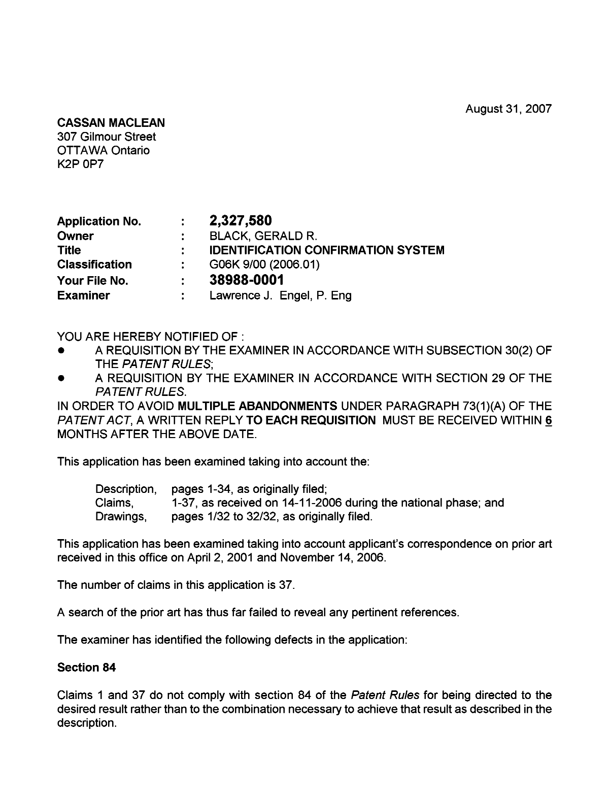 Canadian Patent Document 2327580. Prosecution-Amendment 20061231. Image 1 of 3