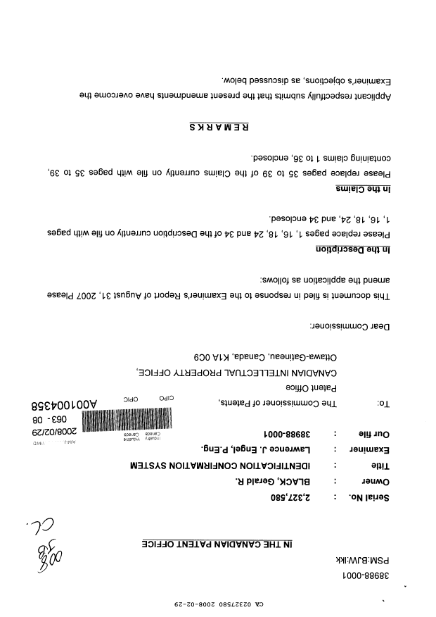 Canadian Patent Document 2327580. Prosecution-Amendment 20071229. Image 1 of 13