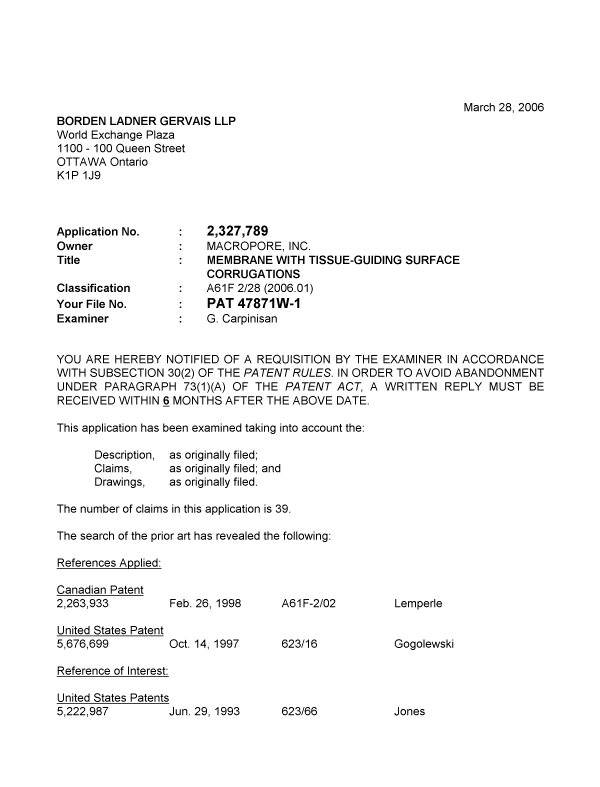 Canadian Patent Document 2327789. Prosecution-Amendment 20060328. Image 1 of 3