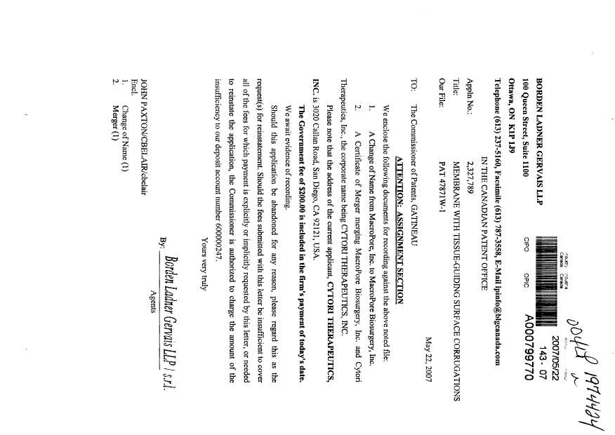 Document de brevet canadien 2327789. Cession 20070522. Image 1 de 4