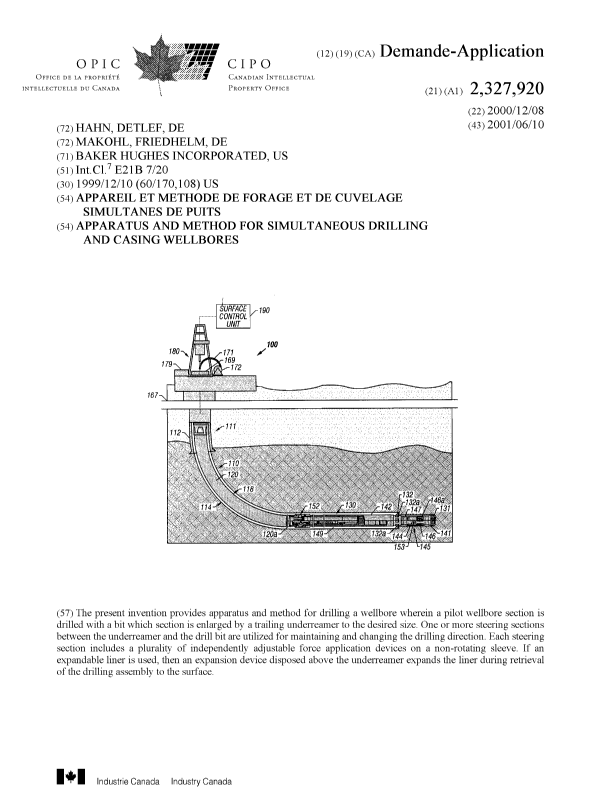 Document de brevet canadien 2327920. Page couverture 20010605. Image 1 de 1