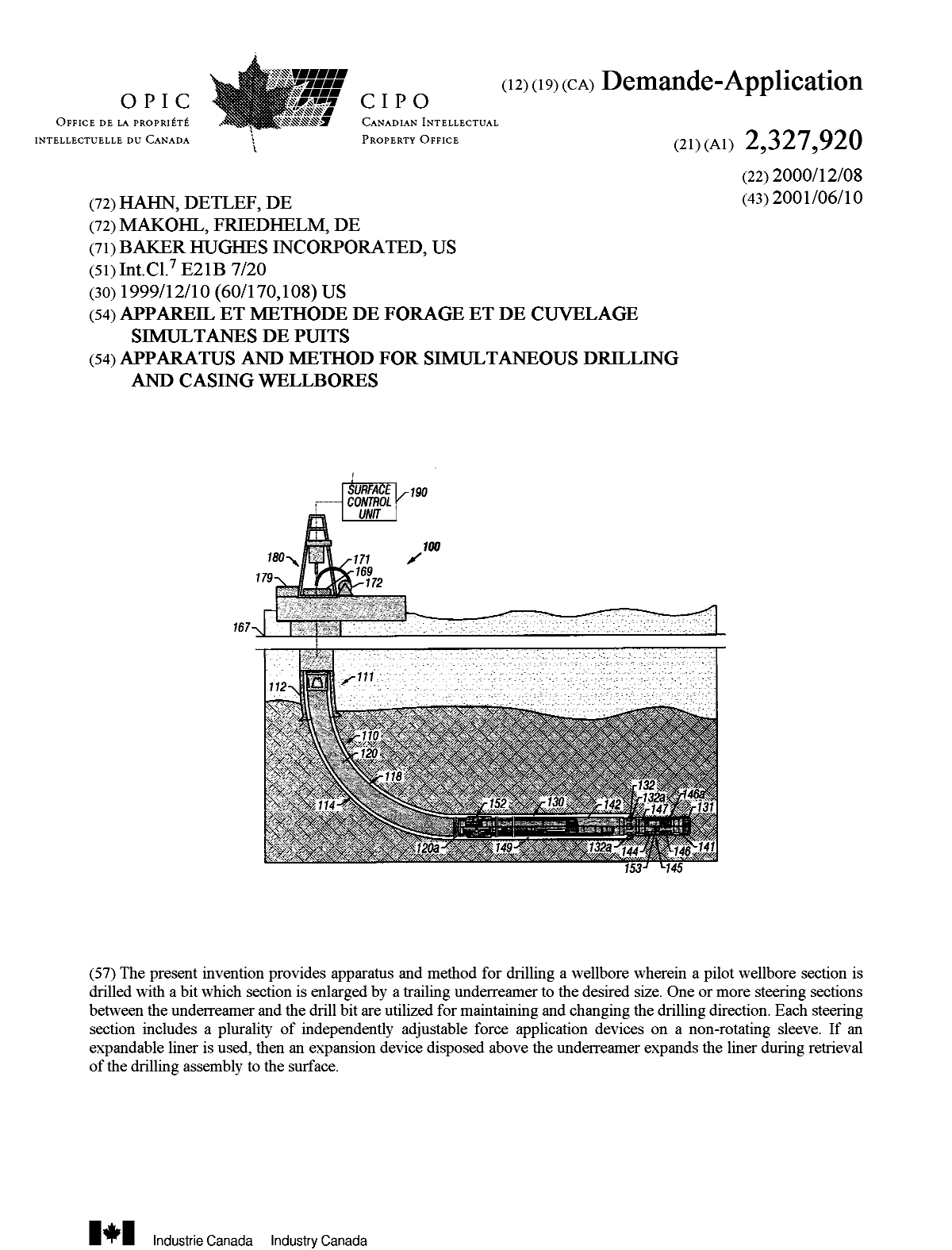 Document de brevet canadien 2327920. Page couverture 20010605. Image 1 de 1