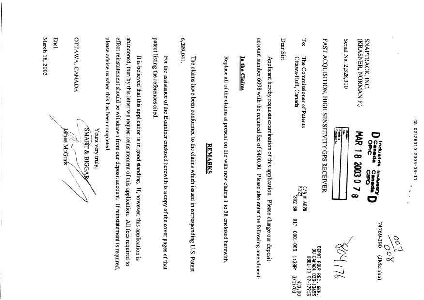 Canadian Patent Document 2328310. Prosecution-Amendment 20021217. Image 1 of 12