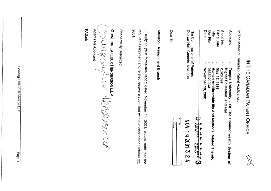 Document de brevet canadien 2328397. Cession 20011119. Image 1 de 1