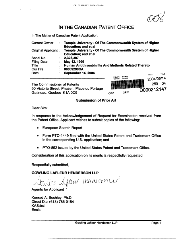 Canadian Patent Document 2328397. Prosecution-Amendment 20040914. Image 1 of 1