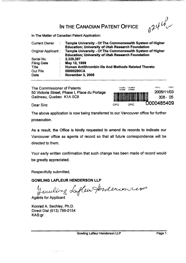 Canadian Patent Document 2328397. Correspondence 20051103. Image 1 of 1