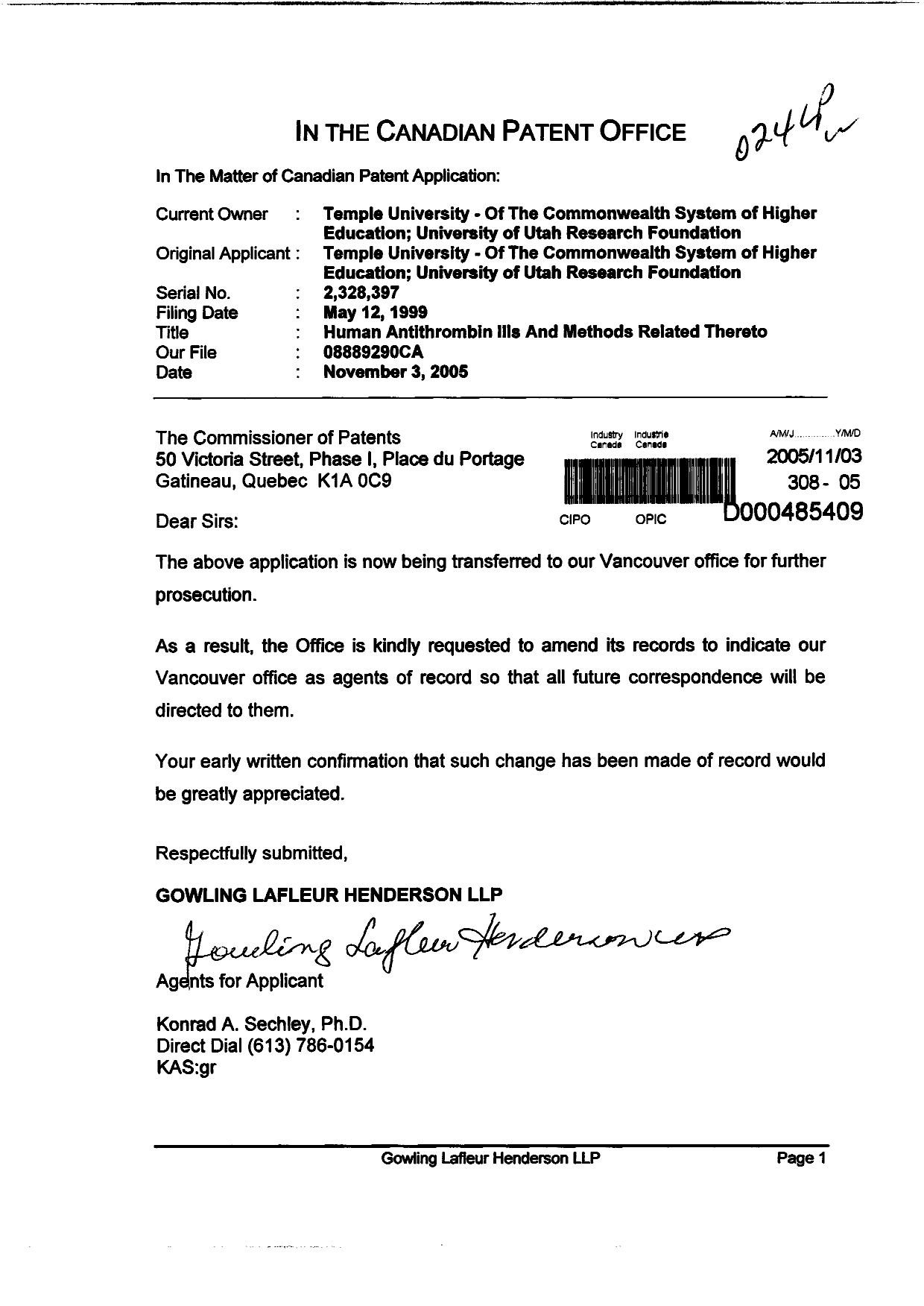 Document de brevet canadien 2328397. Correspondance 20051103. Image 1 de 1