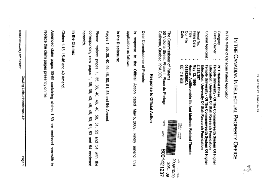 Document de brevet canadien 2328397. Poursuite-Amendment 20091029. Image 1 de 28