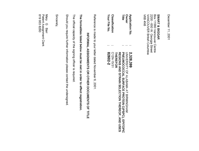 Document de brevet canadien 2328399. Correspondance 20011211. Image 1 de 1