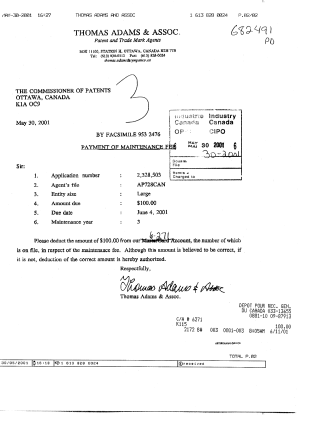 Document de brevet canadien 2328503. Taxes 20010530. Image 1 de 2
