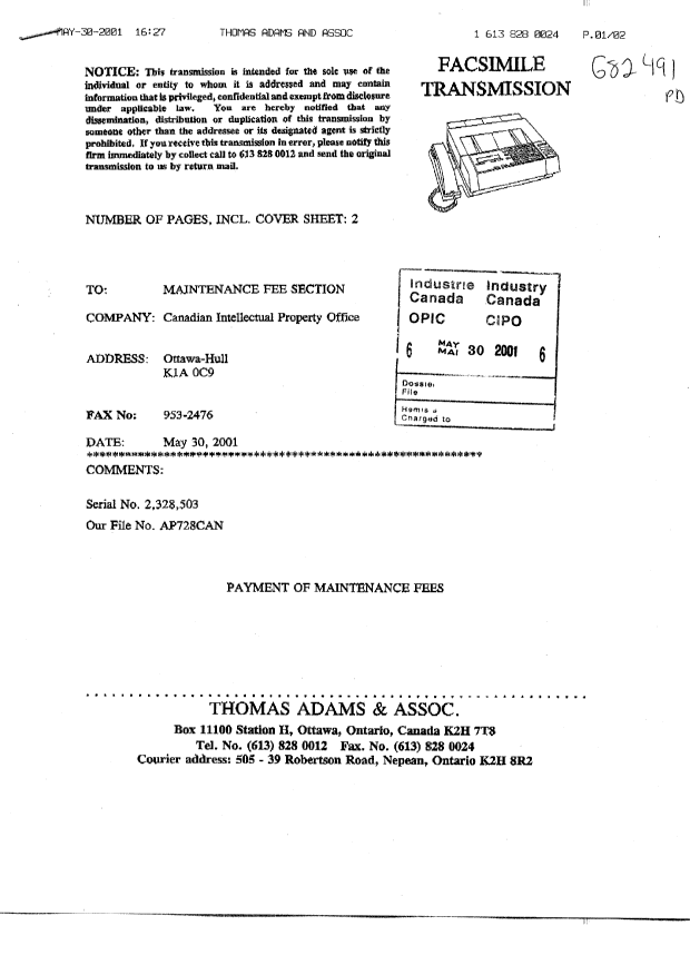 Canadian Patent Document 2328503. Fees 20010530. Image 2 of 2