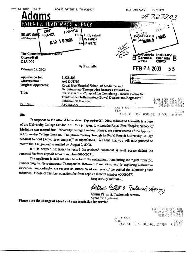 Document de brevet canadien 2328503. Cession 20030224. Image 1 de 9