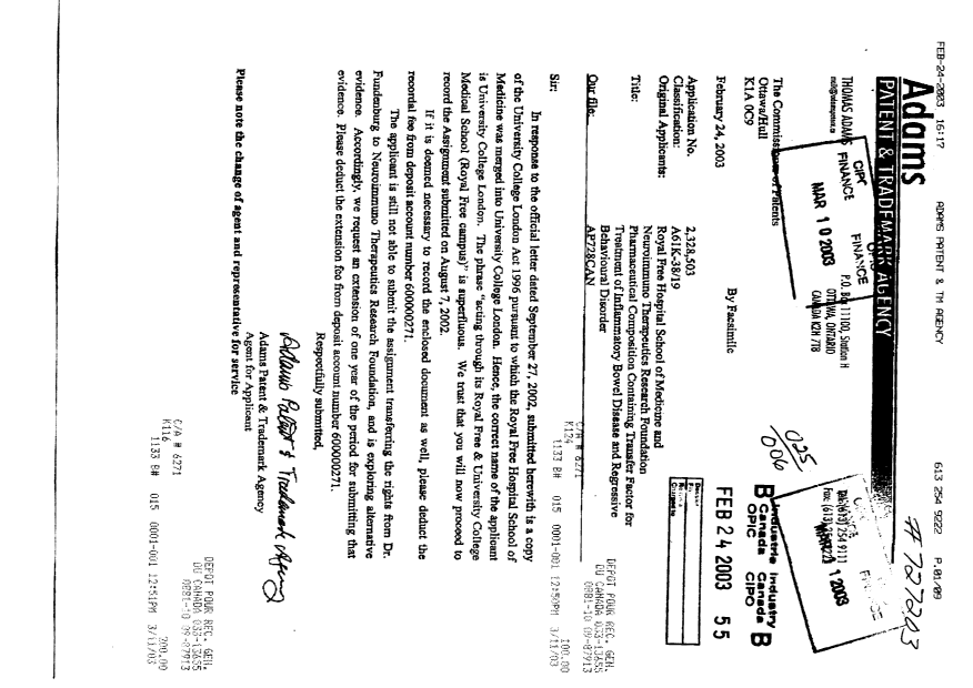 Canadian Patent Document 2328503. Assignment 20030224. Image 1 of 9
