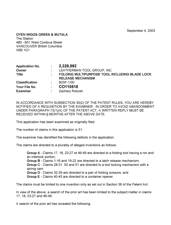 Canadian Patent Document 2328592. Prosecution-Amendment 20030904. Image 1 of 2