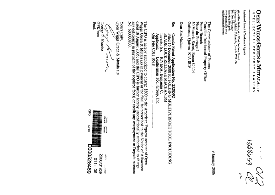 Document de brevet canadien 2328592. Correspondance 20060109. Image 1 de 1