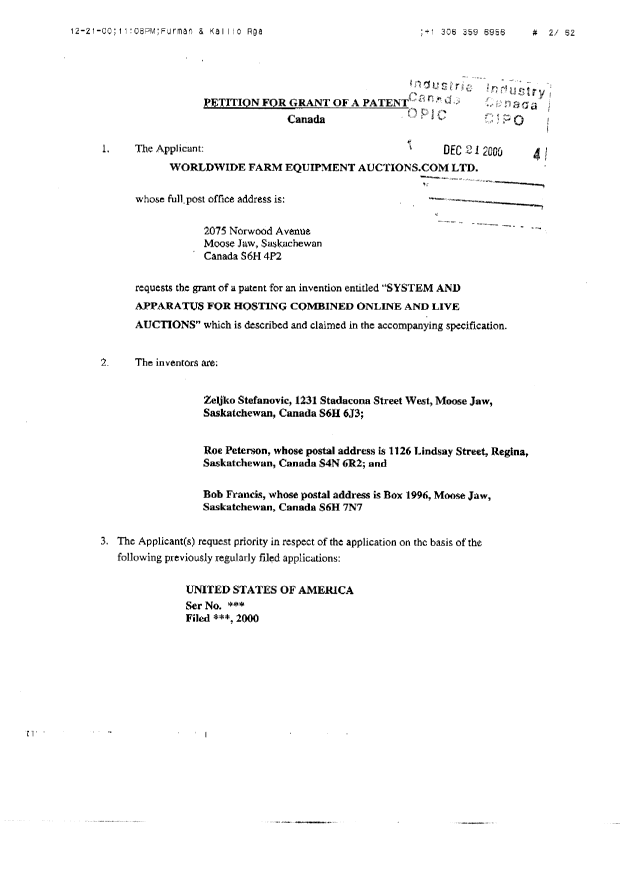 Document de brevet canadien 2329278. Cession 20001221. Image 2 de 3