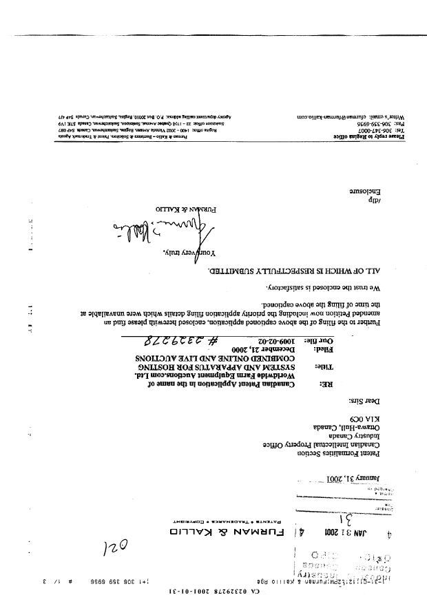 Canadian Patent Document 2329278. Correspondence 20010131. Image 1 of 6