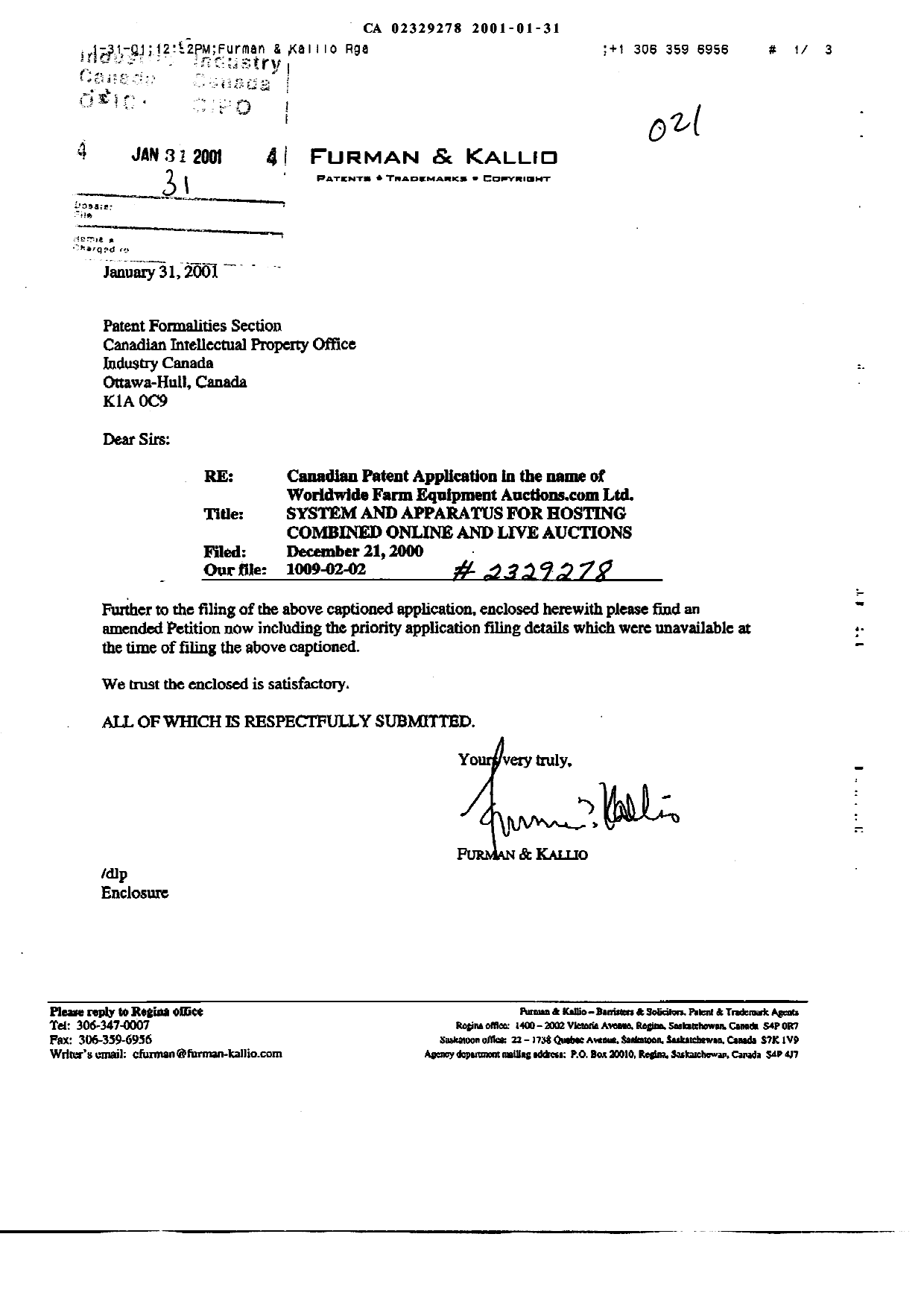 Document de brevet canadien 2329278. Correspondance 20010131. Image 1 de 6