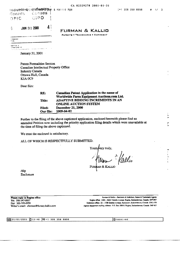 Document de brevet canadien 2329278. Correspondance 20010131. Image 6 de 6