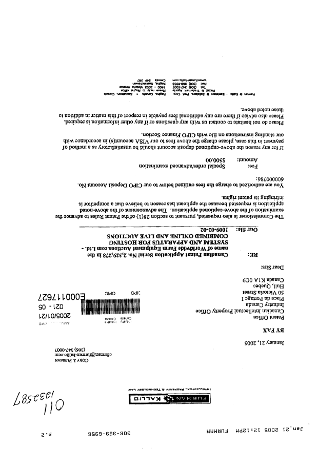 Canadian Patent Document 2329278. Prosecution-Amendment 20050121. Image 1 of 3