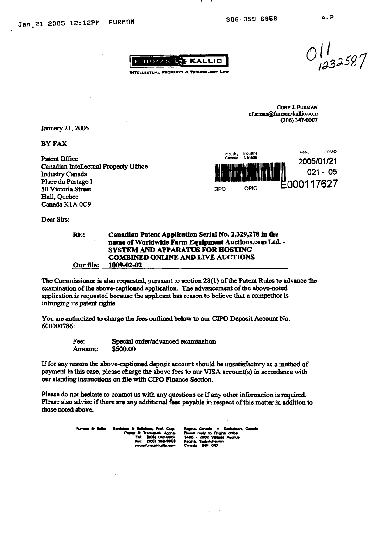 Canadian Patent Document 2329278. Prosecution-Amendment 20050121. Image 1 of 3