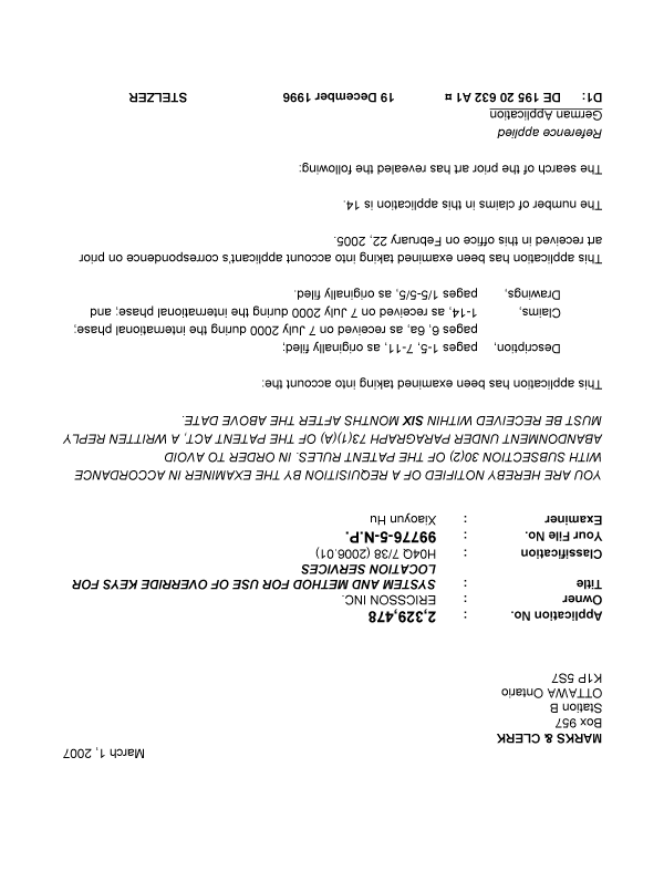 Canadian Patent Document 2329478. Prosecution-Amendment 20070301. Image 1 of 3