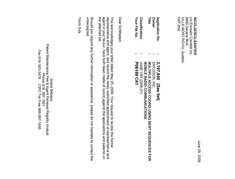Document de brevet canadien 2329478. Correspondance 20090629. Image 1 de 1