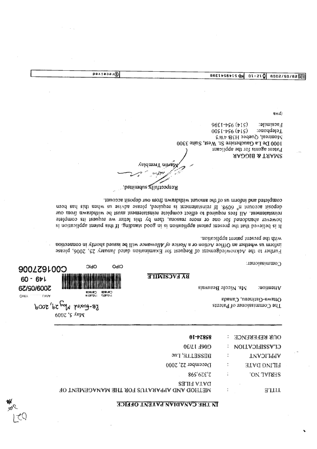 Document de brevet canadien 2329598. Poursuite-Amendment 20081229. Image 1 de 2