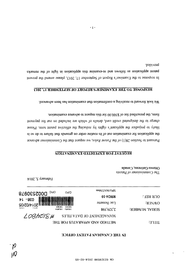 Document de brevet canadien 2329598. Poursuite-Amendment 20131205. Image 1 de 19