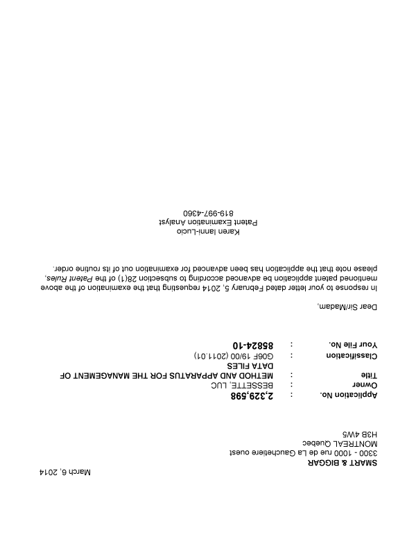 Canadian Patent Document 2329598. Prosecution-Amendment 20131206. Image 1 of 1