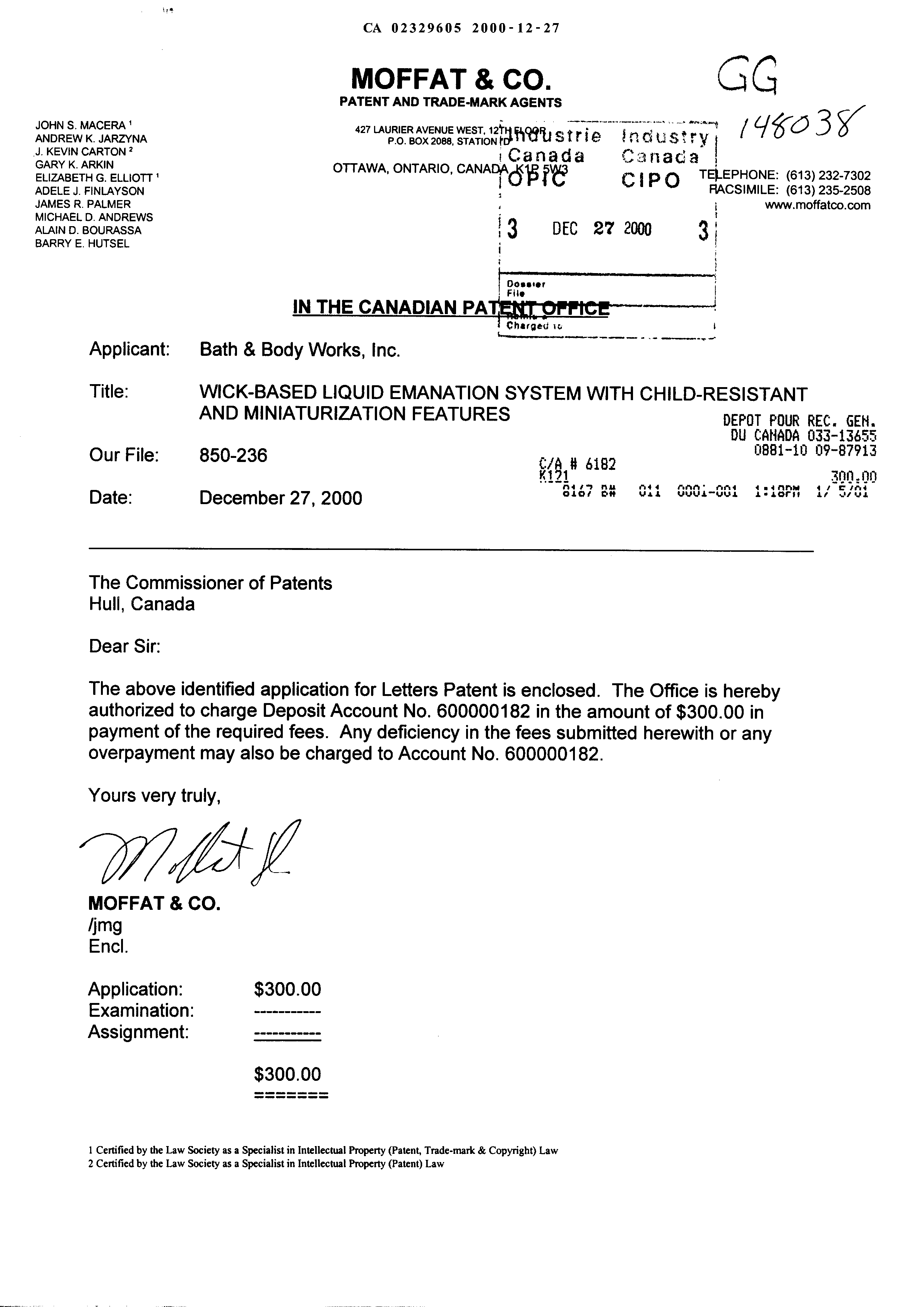 Canadian Patent Document 2329605. Assignment 20001227. Image 1 of 2
