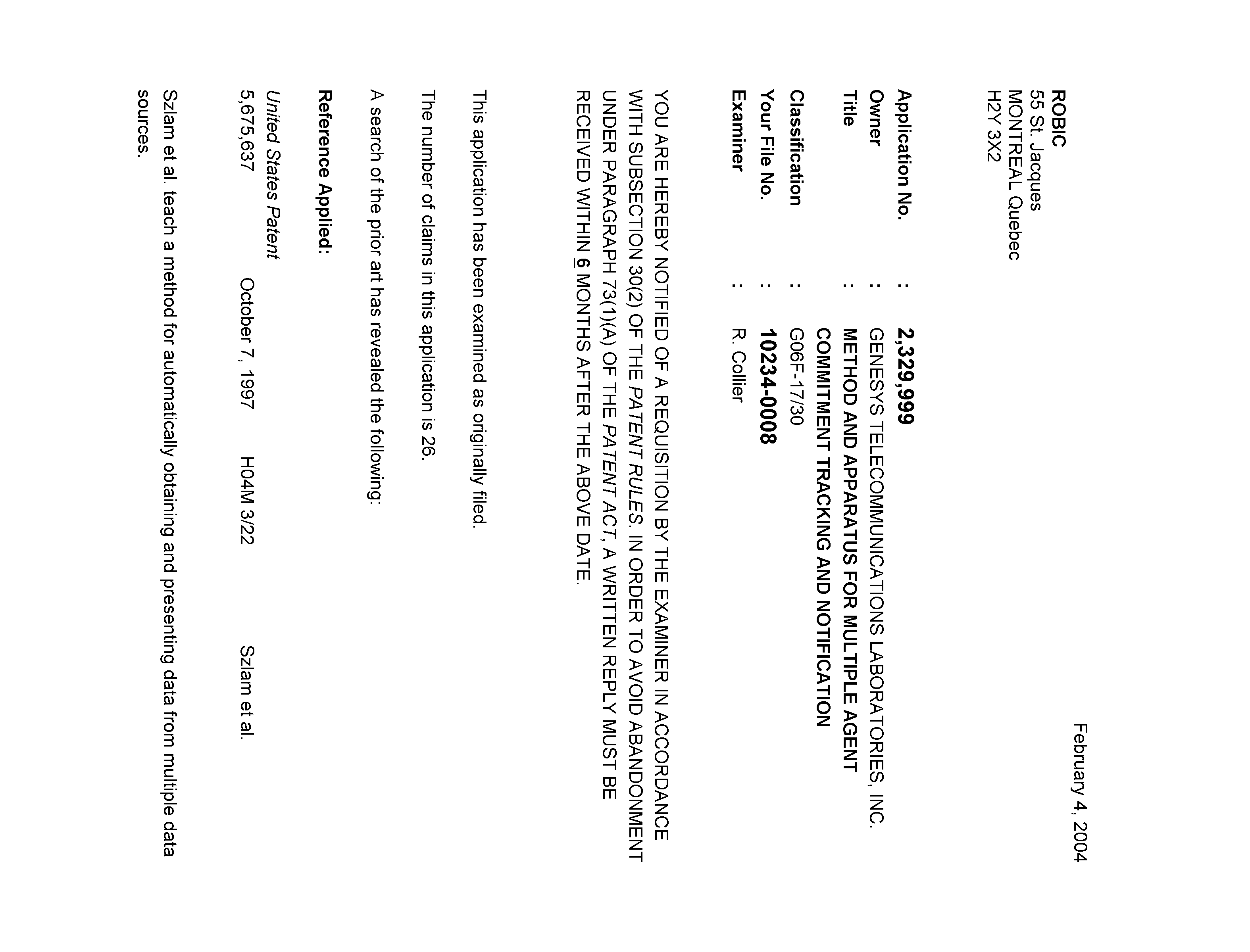 Canadian Patent Document 2329999. Prosecution-Amendment 20040204. Image 1 of 3