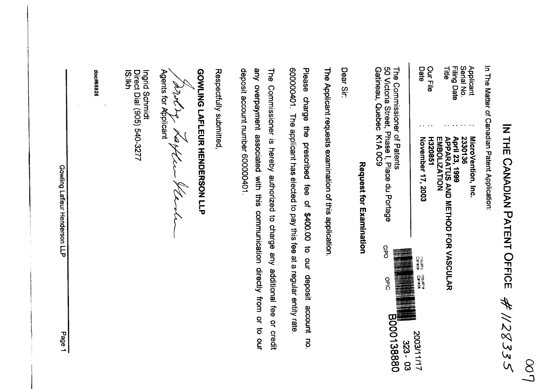 Canadian Patent Document 2330136. Prosecution-Amendment 20031117. Image 1 of 1