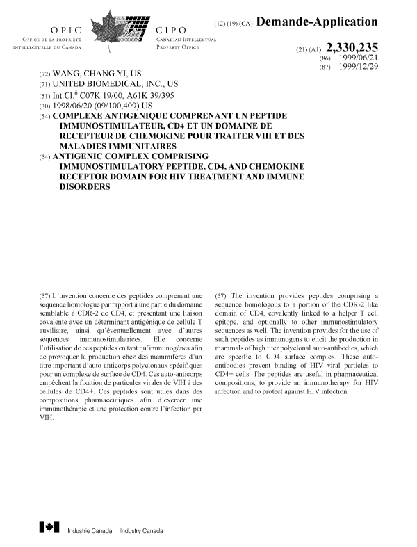 Document de brevet canadien 2330235. Page couverture 20010309. Image 1 de 1