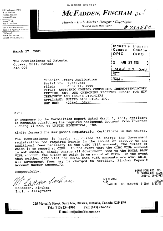 Document de brevet canadien 2330235. Cession 20010327. Image 1 de 4