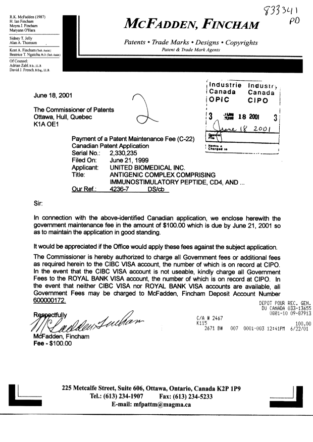 Canadian Patent Document 2330235. Fees 20010618. Image 1 of 1