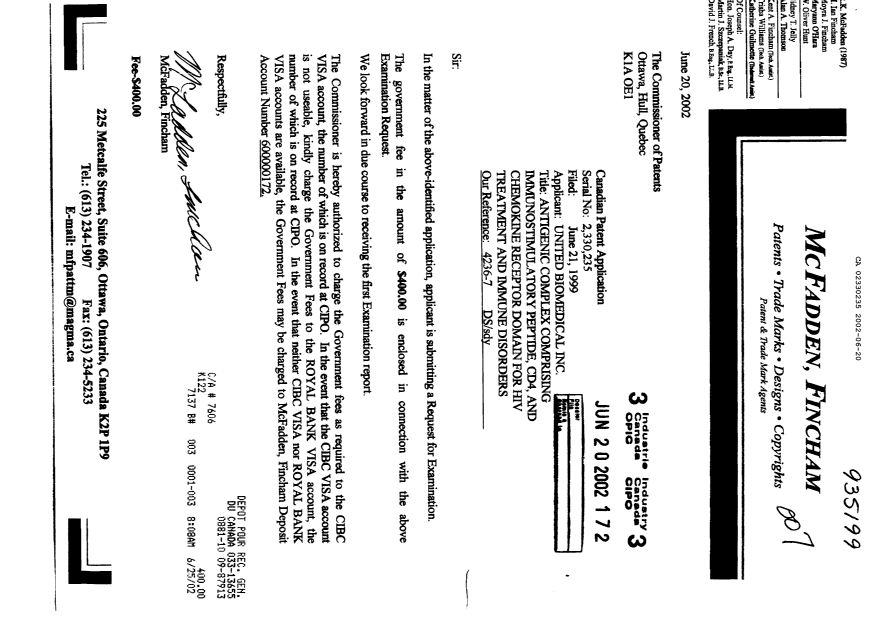 Canadian Patent Document 2330235. Prosecution-Amendment 20020620. Image 1 of 1