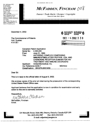 Canadian Patent Document 2330235. Prosecution-Amendment 20021204. Image 1 of 1