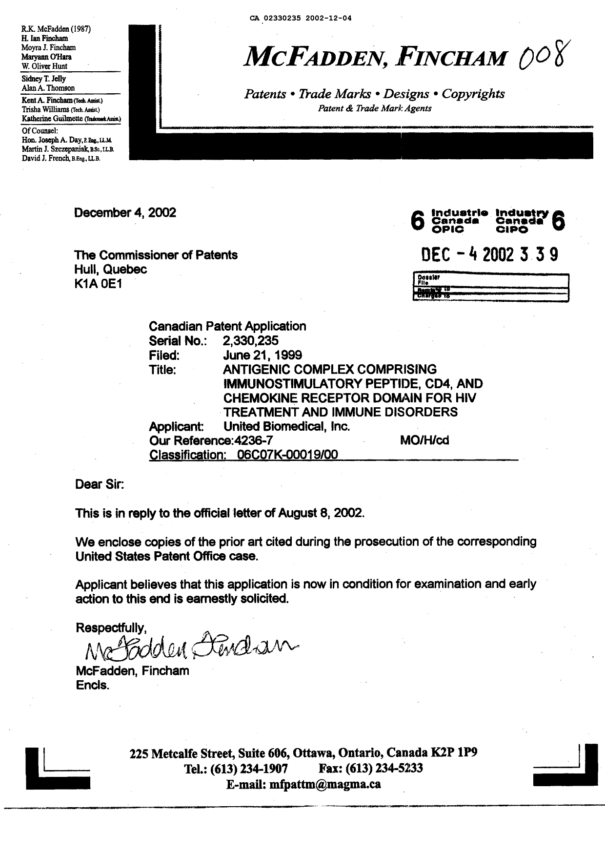 Canadian Patent Document 2330235. Prosecution-Amendment 20021204. Image 1 of 1