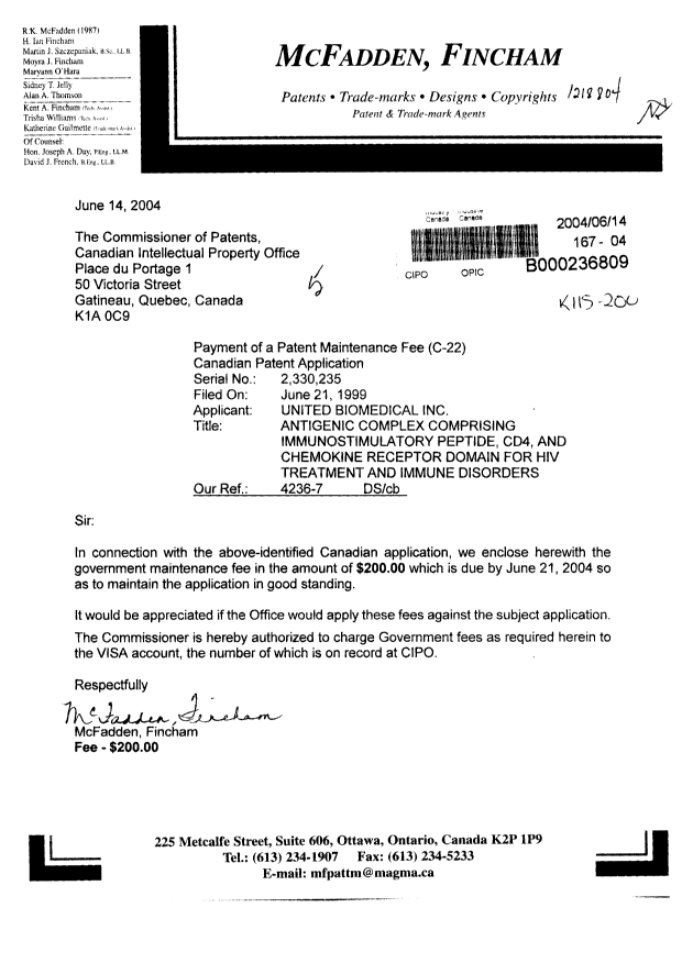 Canadian Patent Document 2330235. Fees 20040614. Image 1 of 1