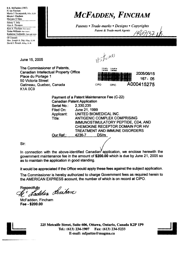 Document de brevet canadien 2330235. Taxes 20050615. Image 1 de 1