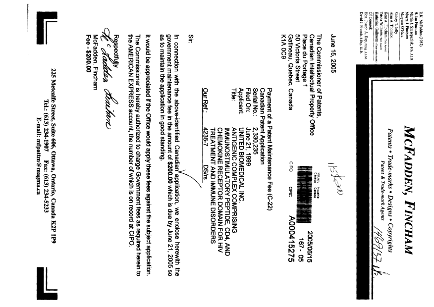 Canadian Patent Document 2330235. Fees 20050615. Image 1 of 1