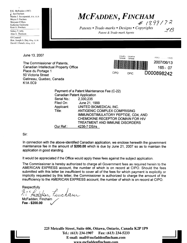 Canadian Patent Document 2330235. Fees 20070613. Image 1 of 1