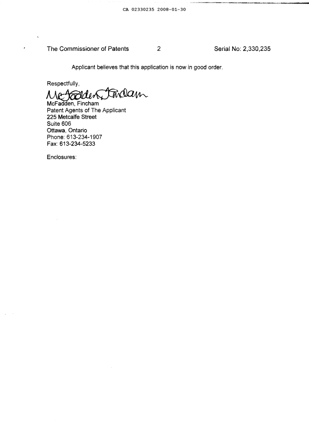 Canadian Patent Document 2330235. Correspondence 20080130. Image 2 of 3
