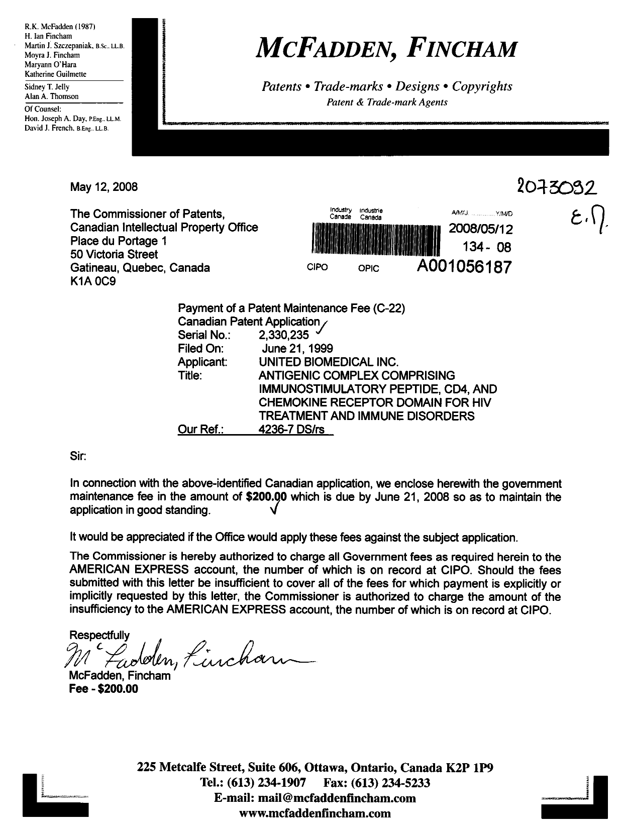 Canadian Patent Document 2330235. Fees 20080512. Image 1 of 1