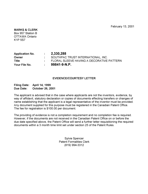 Canadian Patent Document 2330288. Correspondence 20010209. Image 1 of 1